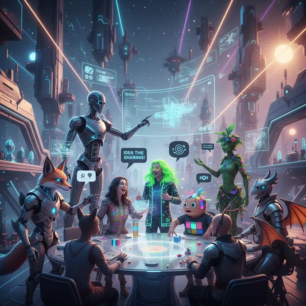 Digital avatars of diverse users interacting in a virtual social gathering within a metaverse platform.