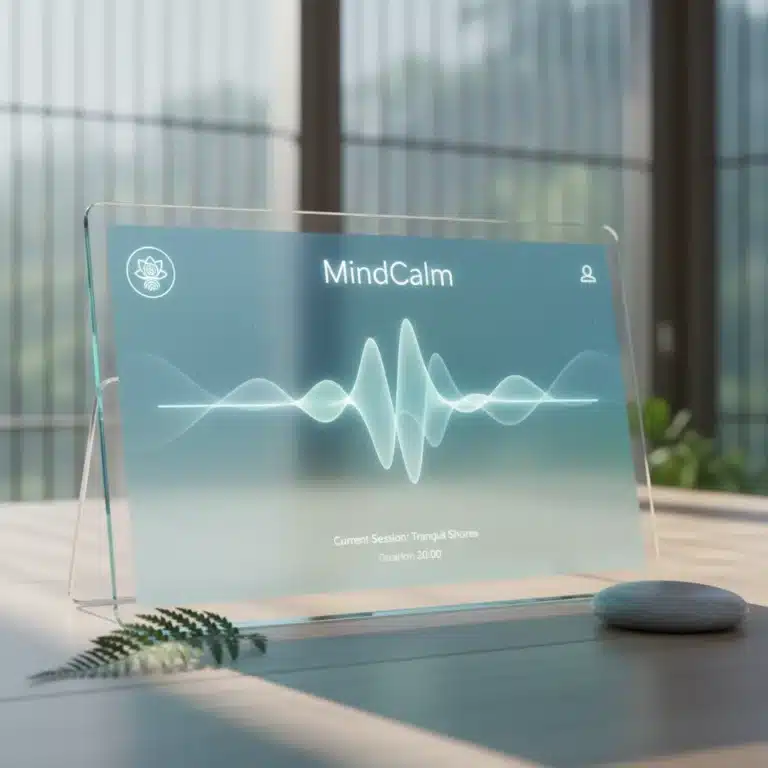 MindCalm Meditation App Q1 2026 update interface on a tablet with calming digital elements.