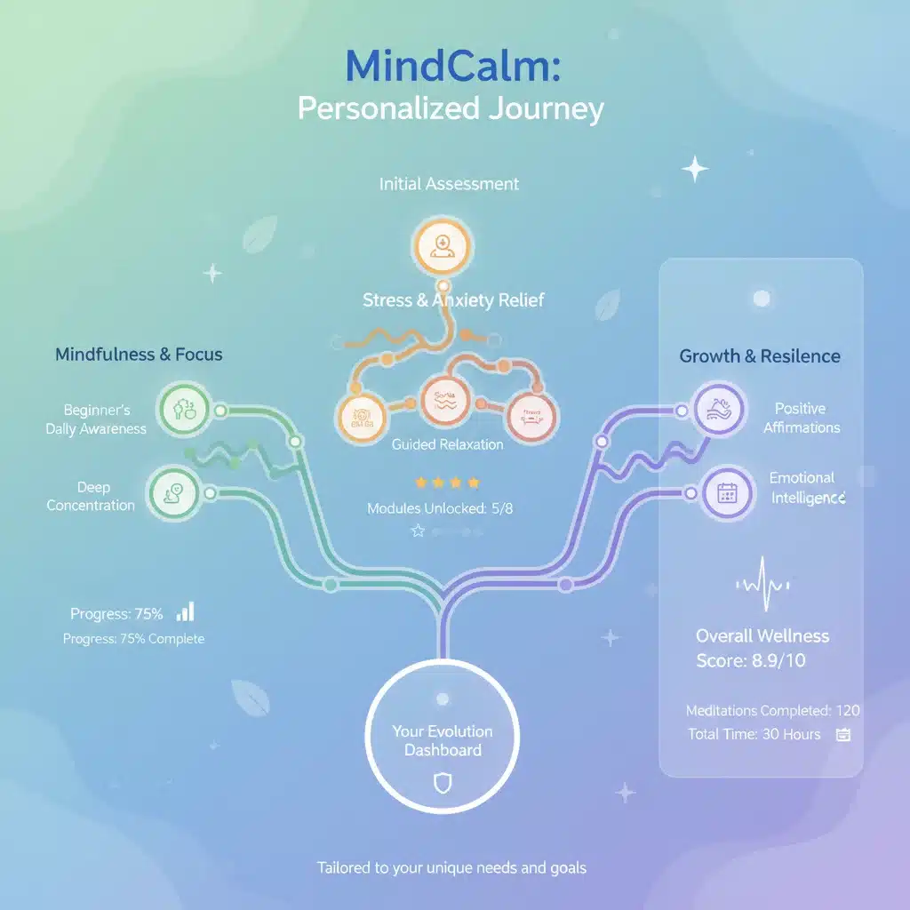Infographic detailing MindCalm app's new Personalized Journey feature with progress tracking.