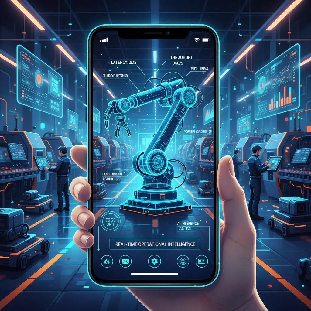 Mobile phone displaying high-performance AR application in a smart factory