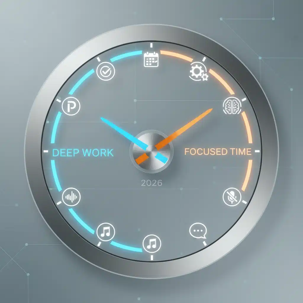 Time management and productivity app icons on a stylized clock