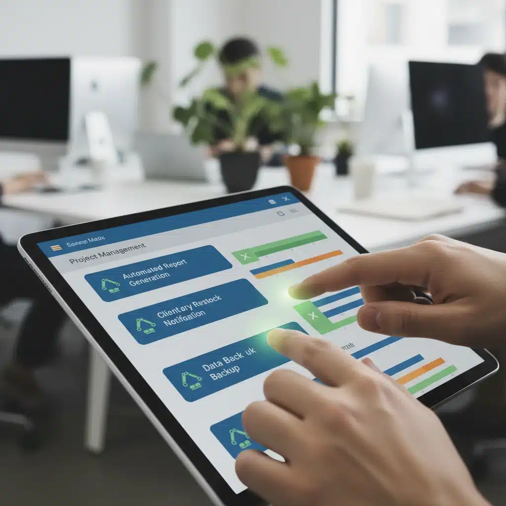 Hand interacting with project management software showing automated tasks.