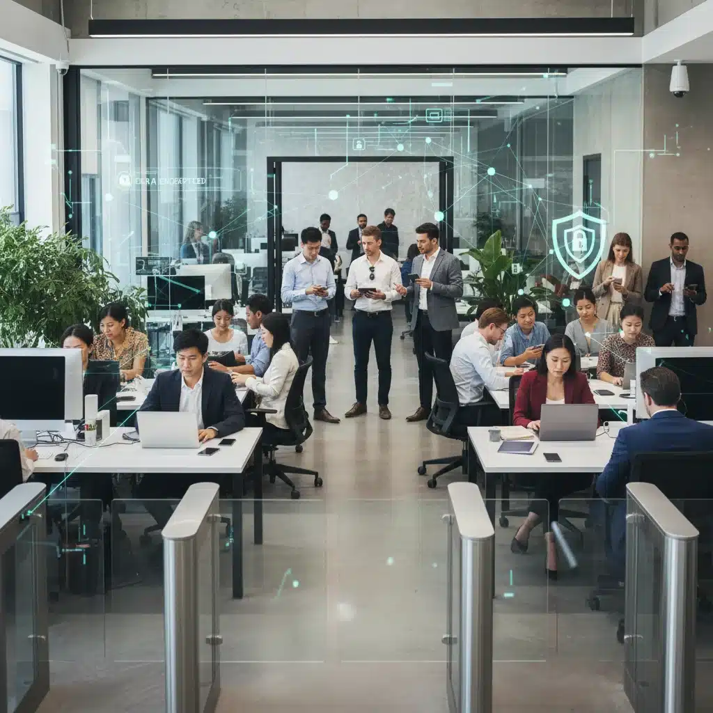 Business professionals working securely on various devices in a modern office, emphasizing protected workforce.