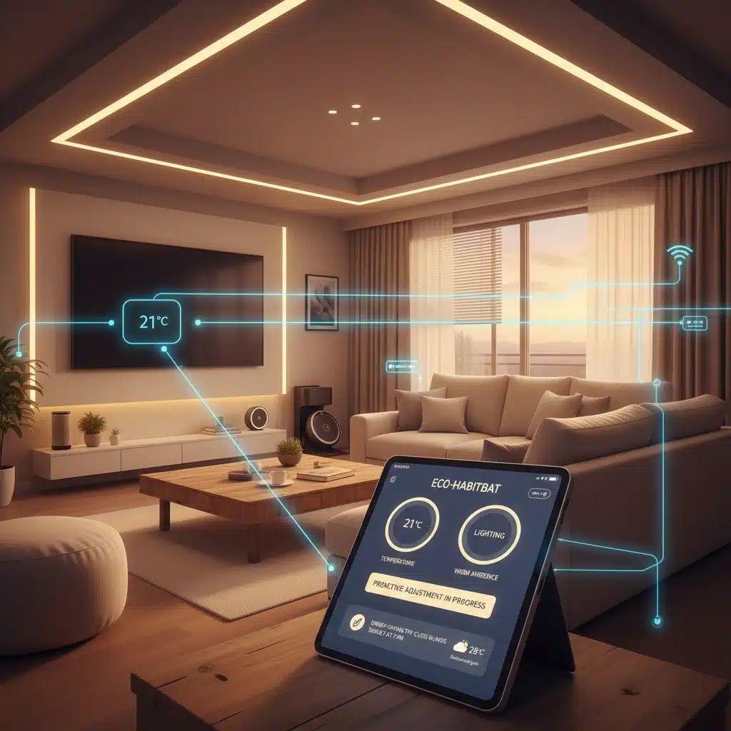 Smart home app leveraging AI predictive analytics for energy efficiency and comfort.