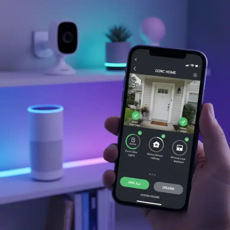 Smartphone controlling smart home security system with app interface