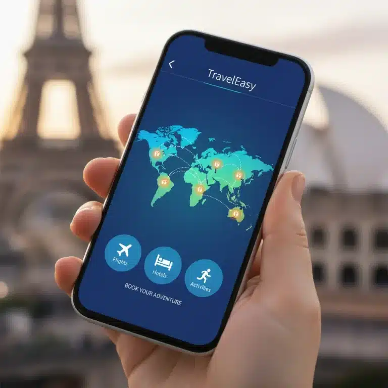 TravelEasy app interface on a smartphone, showcasing global trip planning features and destination highlights.
