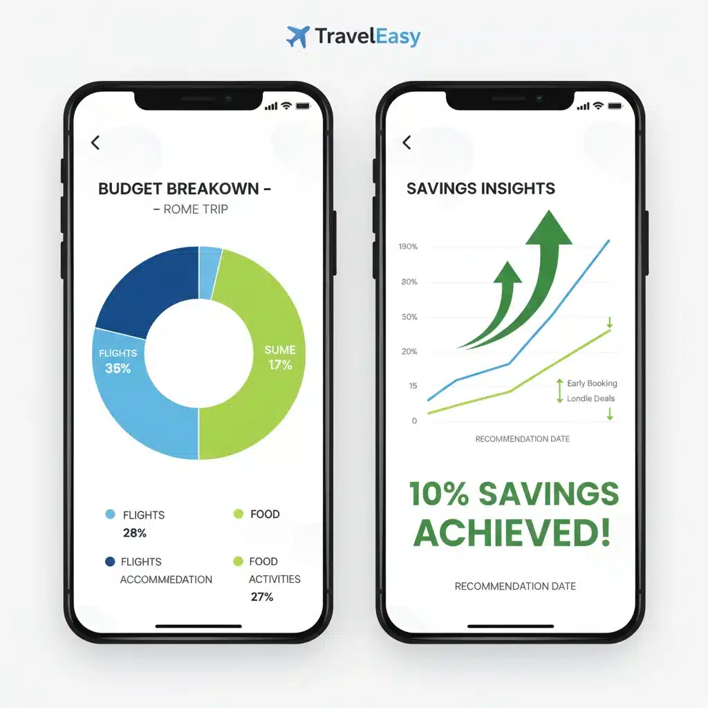 TravelEasy app budget tracking and savings visualization, showing a pie chart of expenses and a graph of achieved savings.
