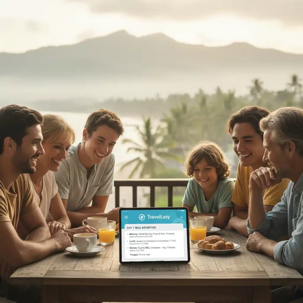 Group of travelers happily reviewing a personalized itinerary on the TravelEasy app, showing seamless trip planning.
