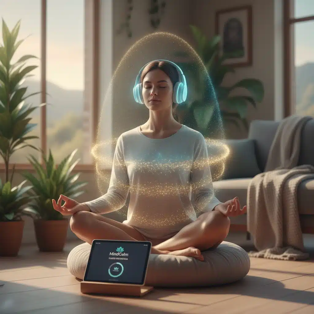 Person meditating with wireless headphones using the MindCalm app, surrounded by a peaceful aura.