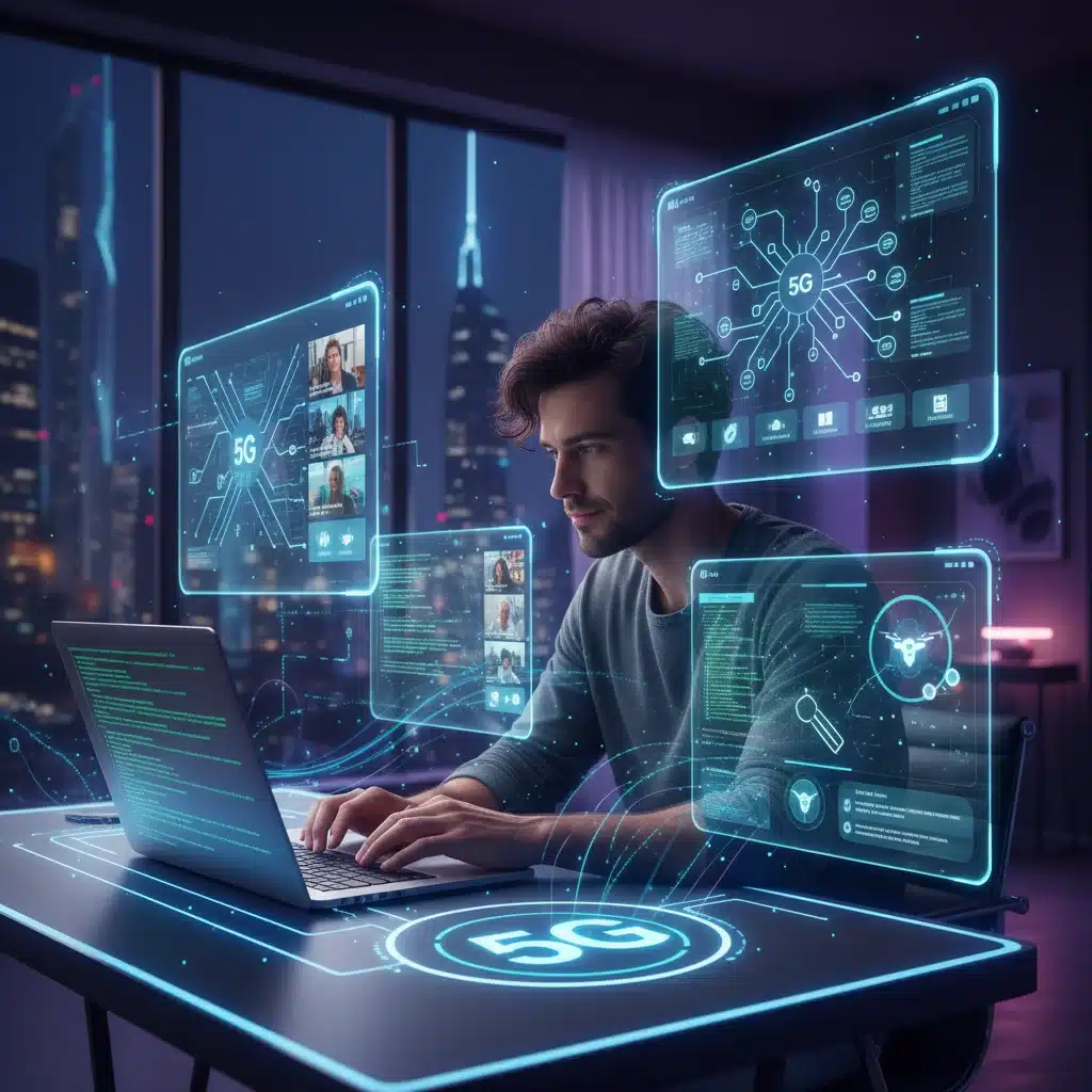 Developer coding on a laptop with holographic screens showing mobile app interfaces, demonstrating 5G-enabled app development.
