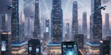 Futuristic cityscape with glowing 5G network lines connecting buildings and devices, symbolizing advanced connectivity and technological progress.