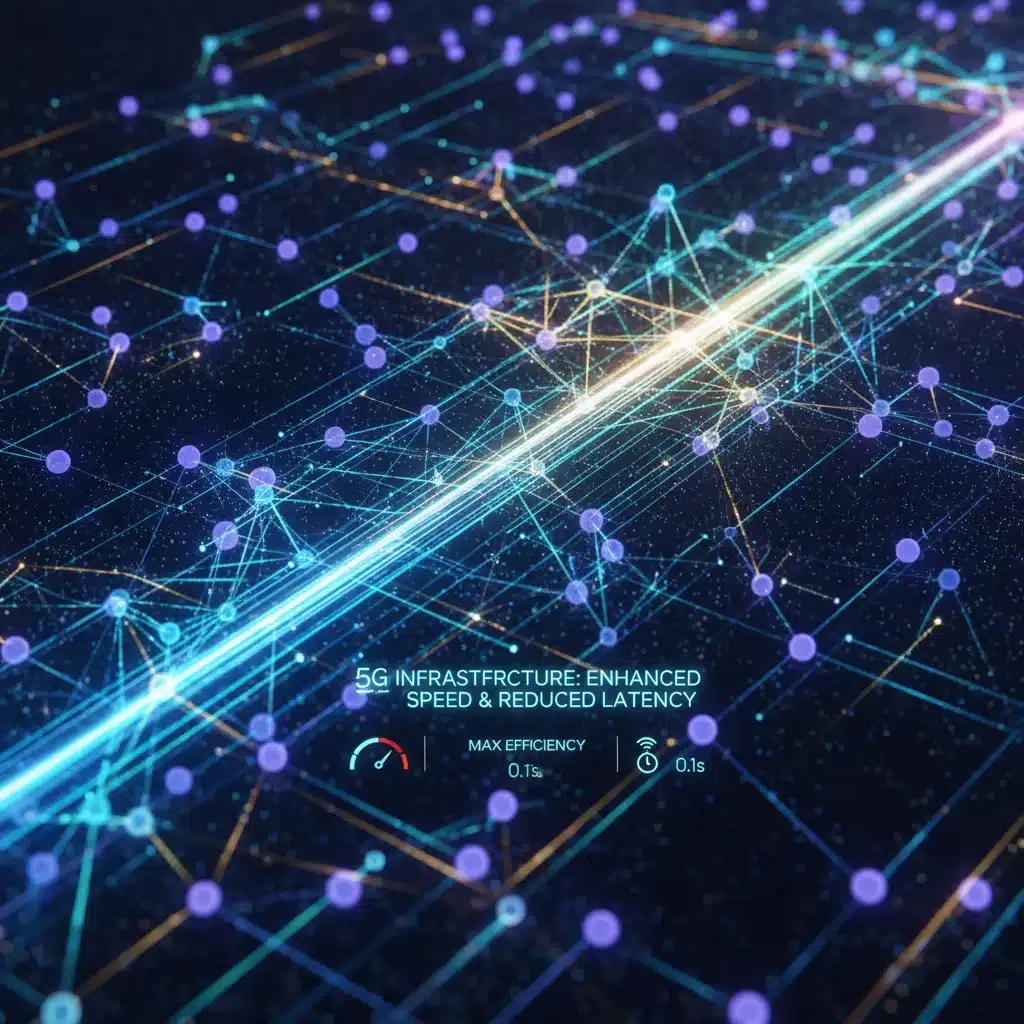 Complex network diagram illustrating rapid data packet flow and efficient 5G infrastructure.