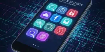 Smartphone screen with app icons, magnifying glass, and lock symbols, representing app privacy audit and data security.