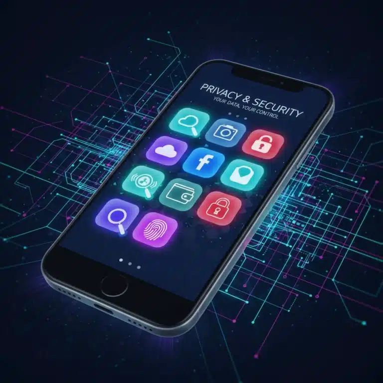 Smartphone screen with app icons, magnifying glass, and lock symbols, representing app privacy audit and data security.