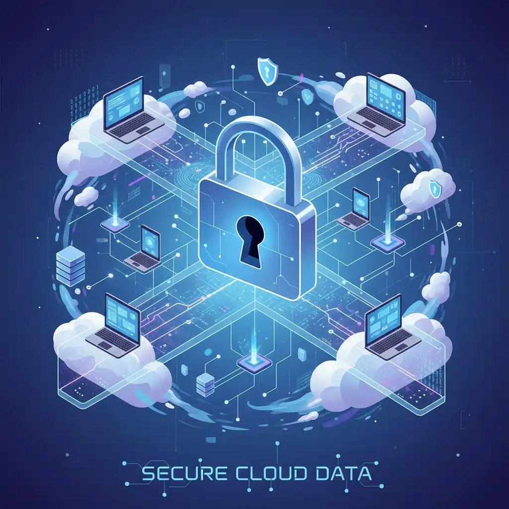 Data security padlock over interconnected digital devices in cloud
