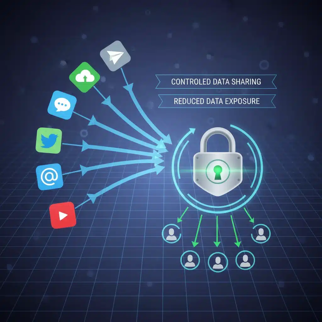 Diagram showing controlled data flow from apps to a secure padlock, symbolizing reduced data exposure.