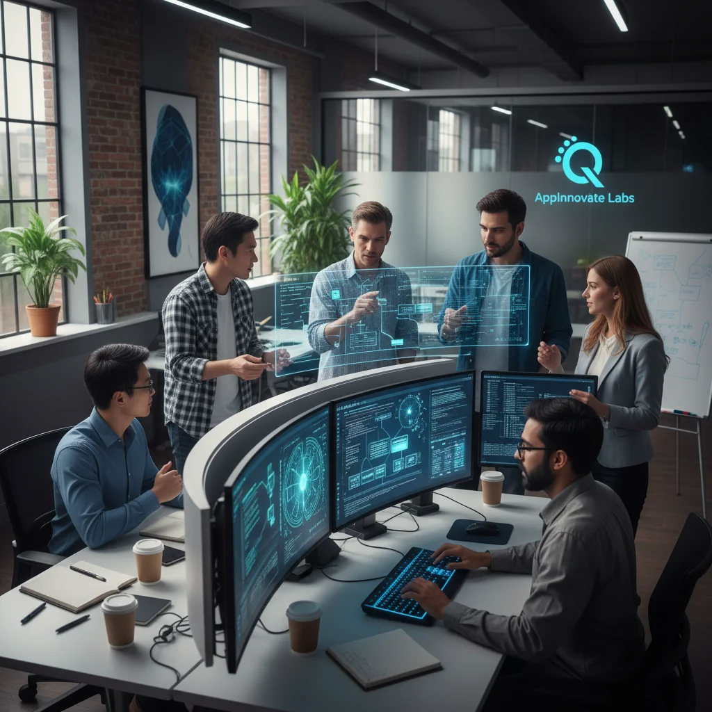 Developers collaborating on quantum-inspired mobile app code, complex algorithms and circuit diagrams