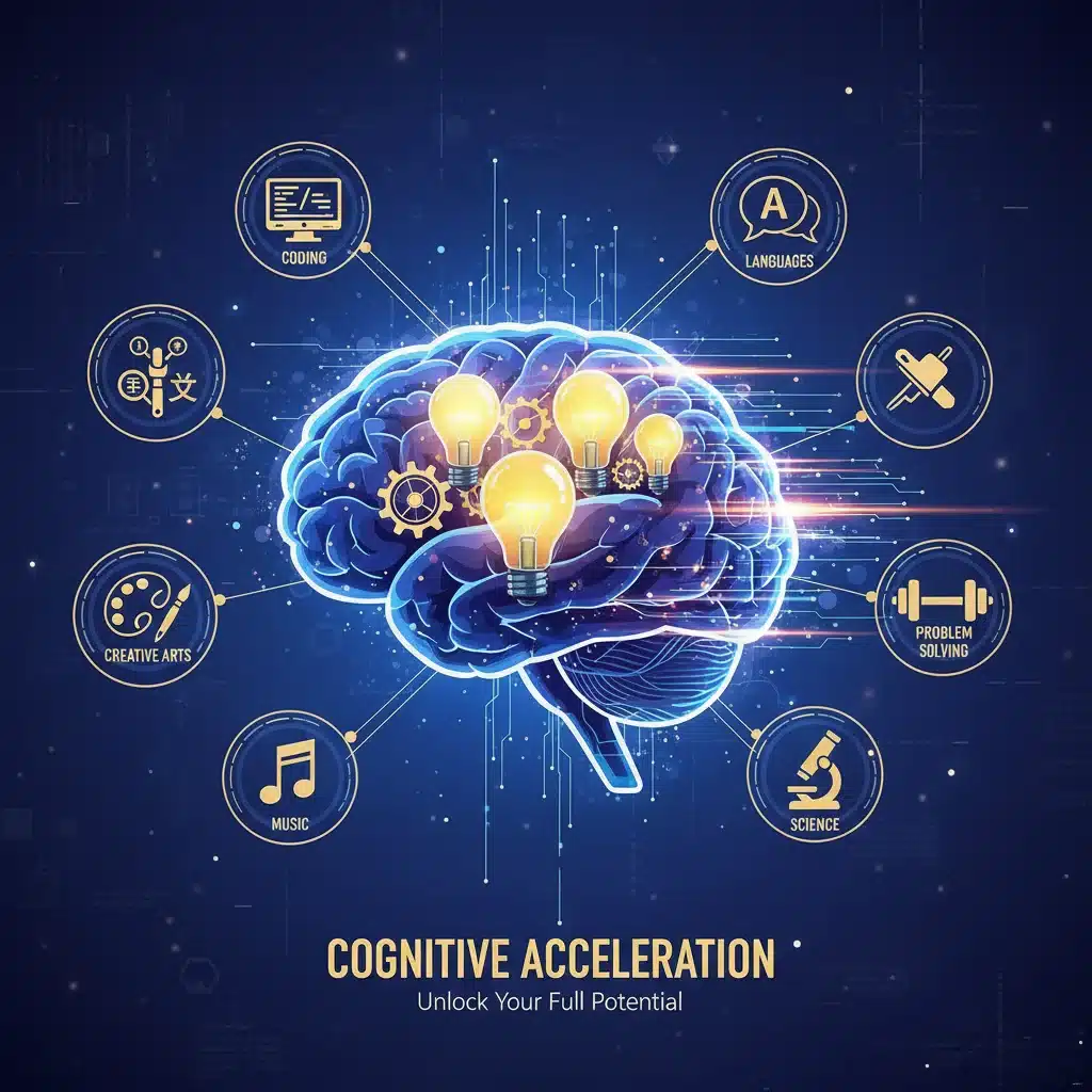Infographic depicting enhanced cognitive function and faster skill acquisition through brain activity.