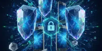 Futuristic digital shield protecting multiple mobile devices from cyber threats, symbolizing enterprise mobile security.