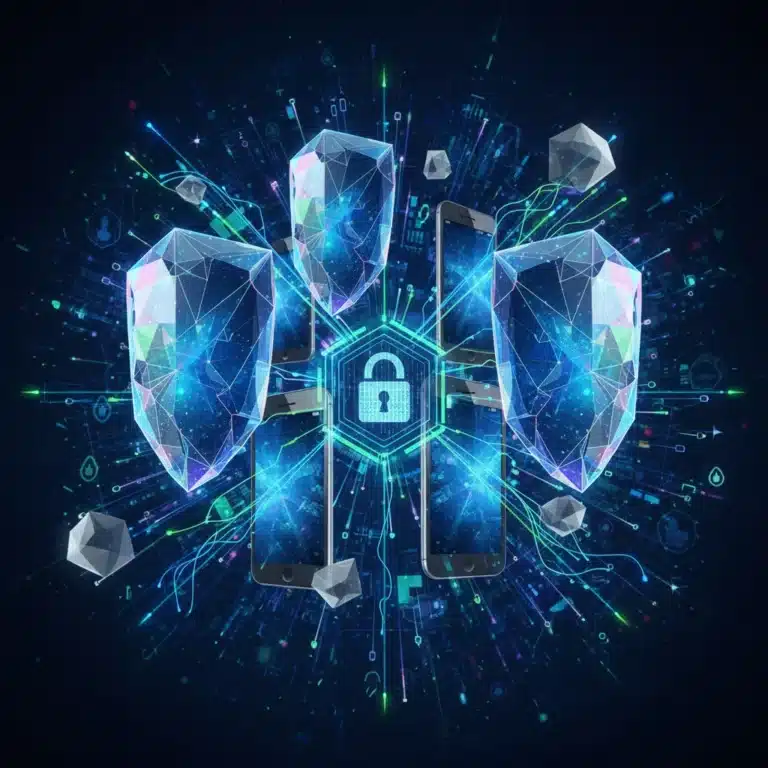 Futuristic digital shield protecting multiple mobile devices from cyber threats, symbolizing enterprise mobile security.