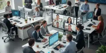 Hybrid team collaborating effectively with integrated technology in a modern office.