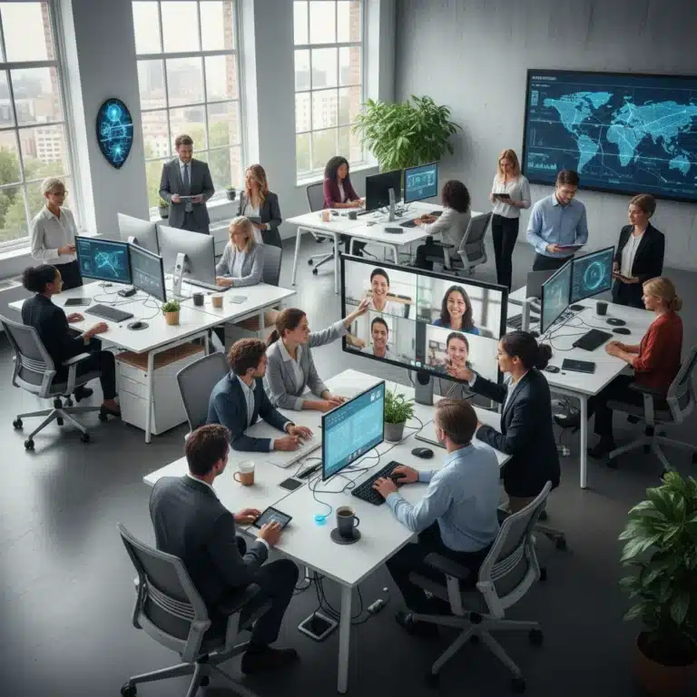 Hybrid team collaborating effectively with integrated technology in a modern office.