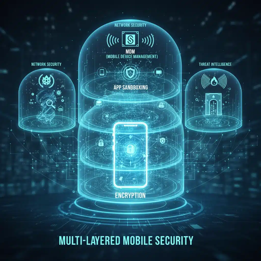 Diagram illustrating multi-layered mobile security architecture with encryption and MDM.