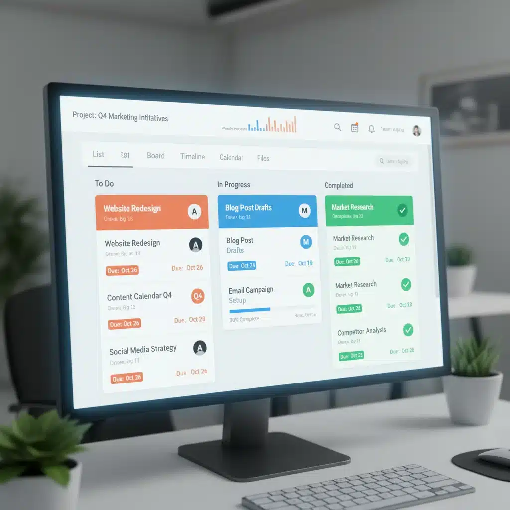 Project management dashboard showing task assignments and progress for a hybrid team.