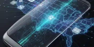 Quantum computing influence on U.S. mobile app development by 2026, futuristic phone displaying quantum data