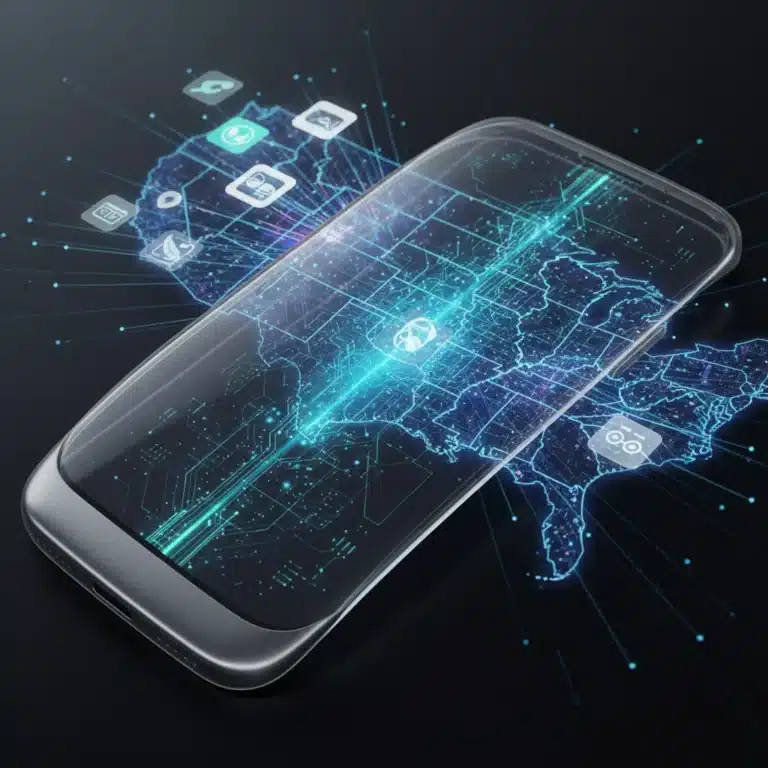 Quantum computing influence on U.S. mobile app development by 2026, futuristic phone displaying quantum data