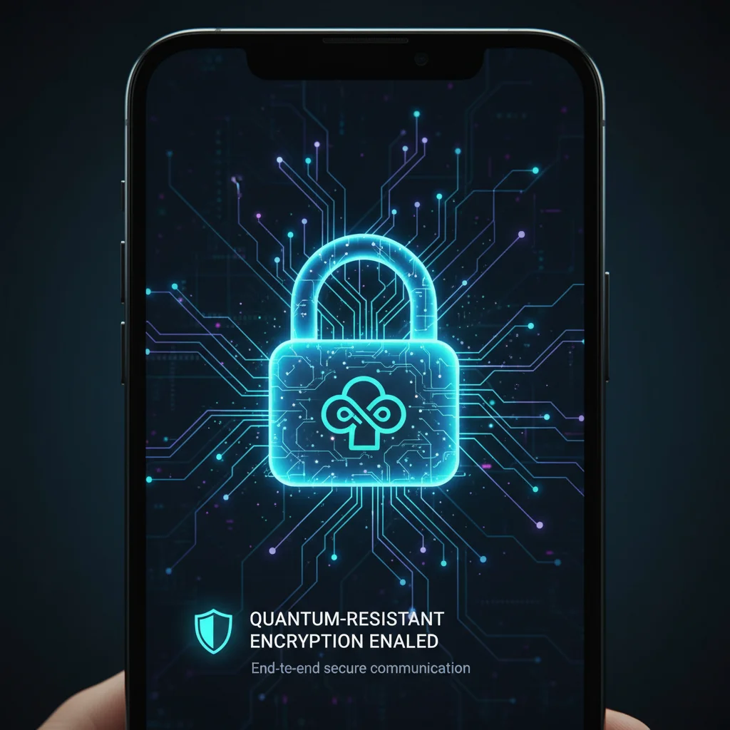 Secure mobile app interface with quantum-resistant encryption, padlock icon and glowing data points