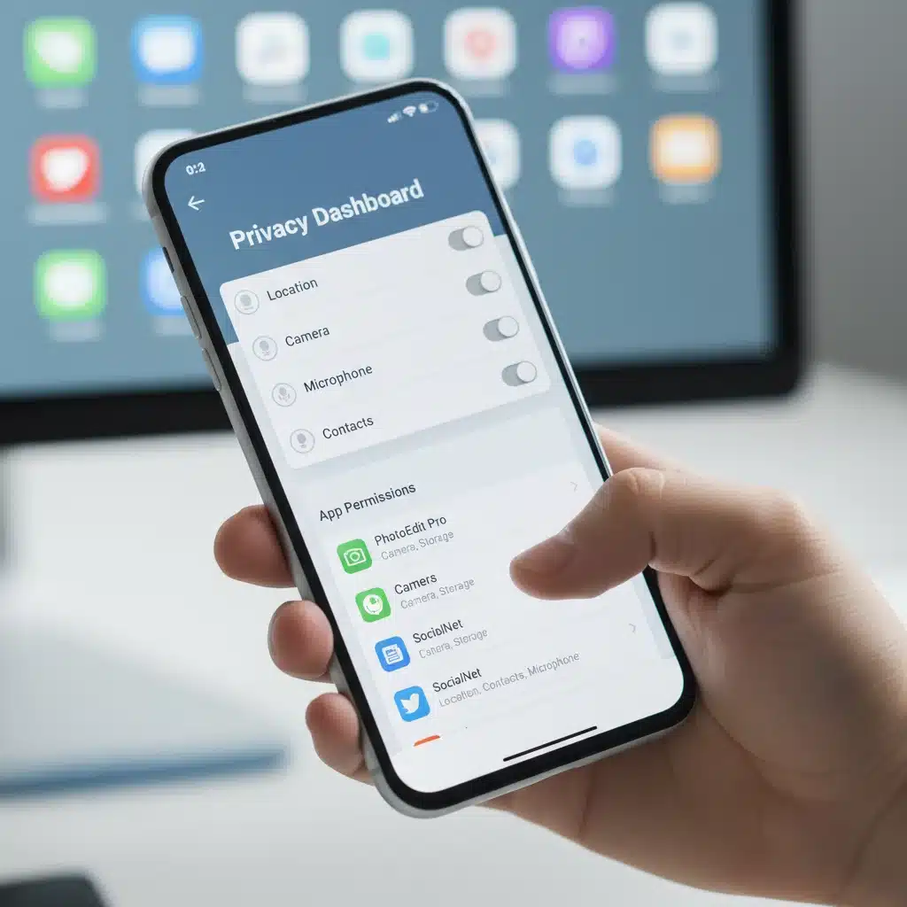 Hand navigating smartphone privacy settings to review app permissions.