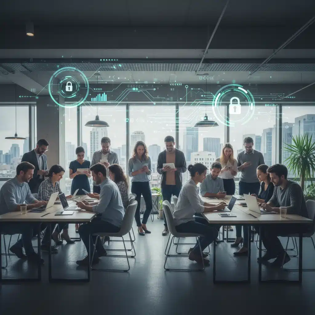 Employees using secure mobile devices in a modern office environment, representing BYOD security.