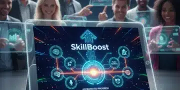 SkillBoost app interface on a tablet, showcasing accelerated learning features and diverse users.