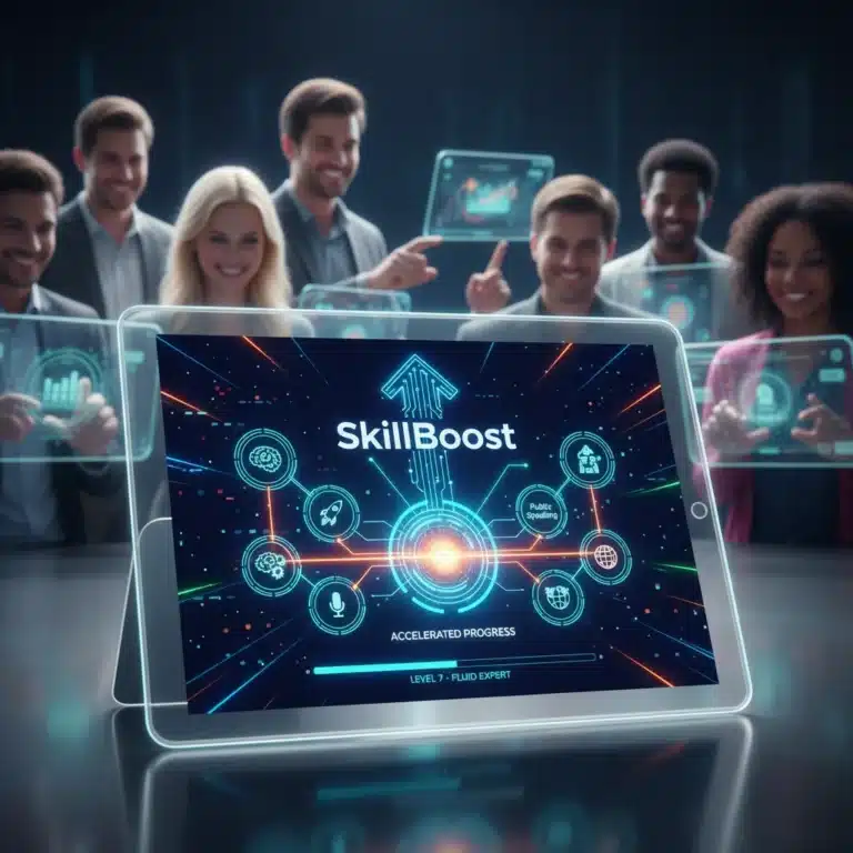 SkillBoost app interface on a tablet, showcasing accelerated learning features and diverse users.