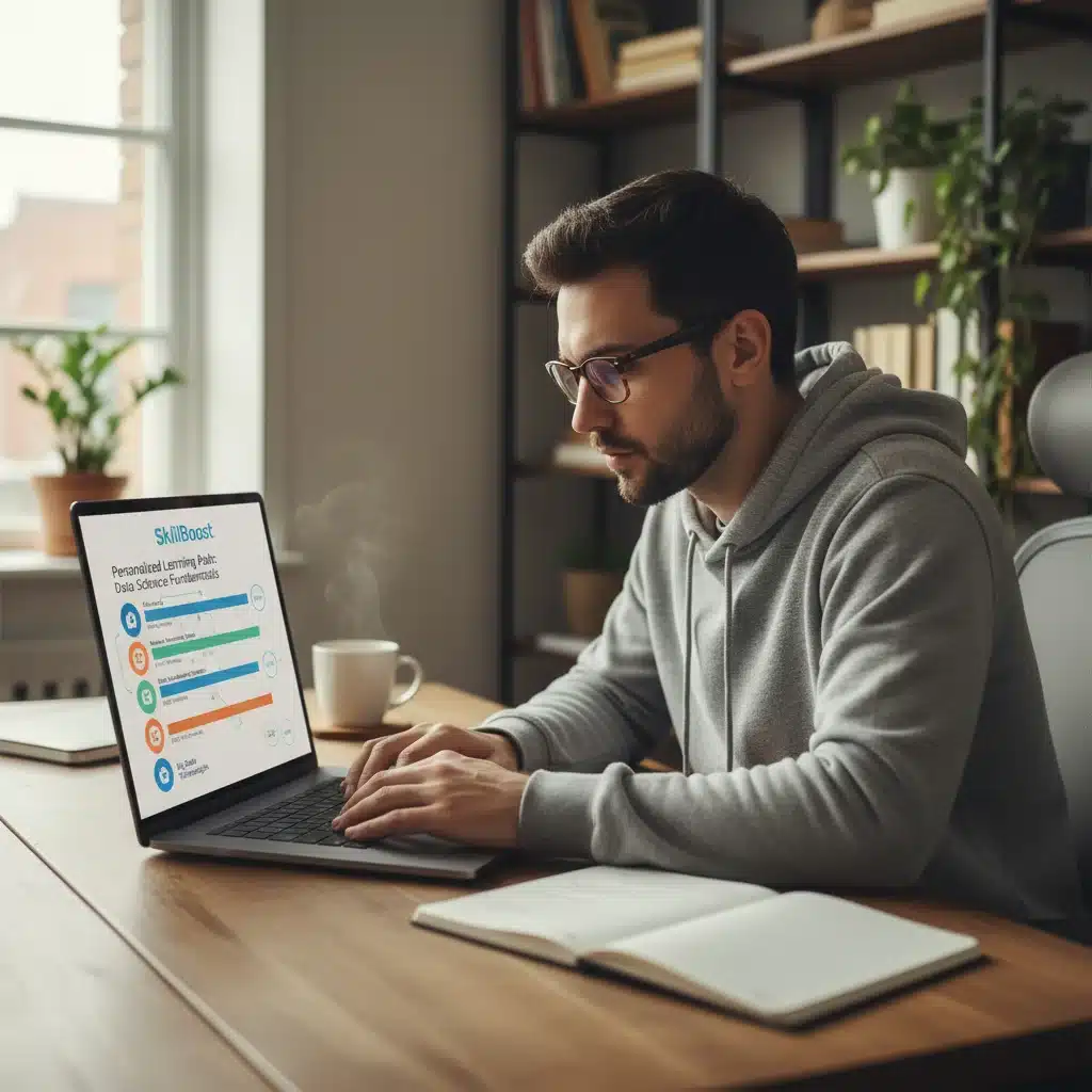 User engaging with SkillBoost personalized learning path on a laptop in a home office.