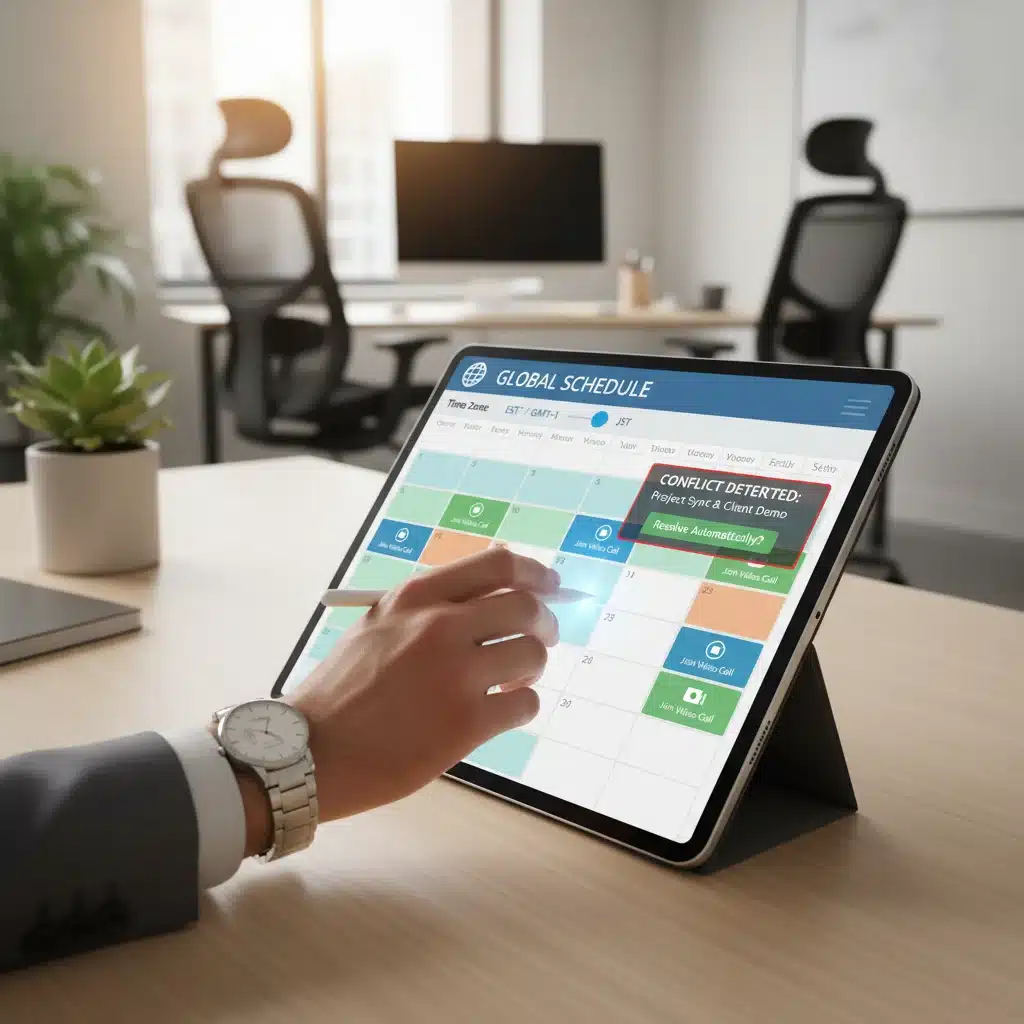 Hand using tablet with advanced calendar features and automated scheduling