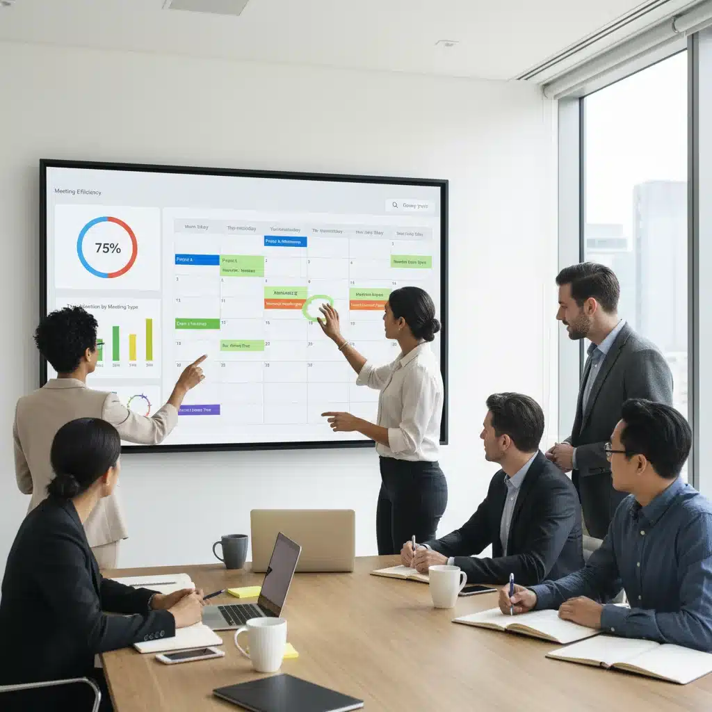 Team reviewing shared calendar with efficiency analytics on large screen