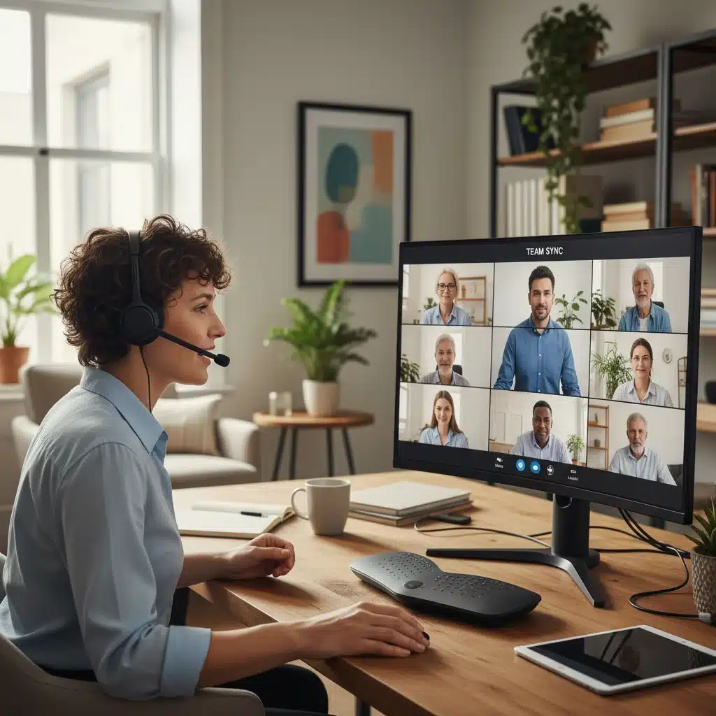 Remote team member engaged in a virtual meeting using video conferencing software.