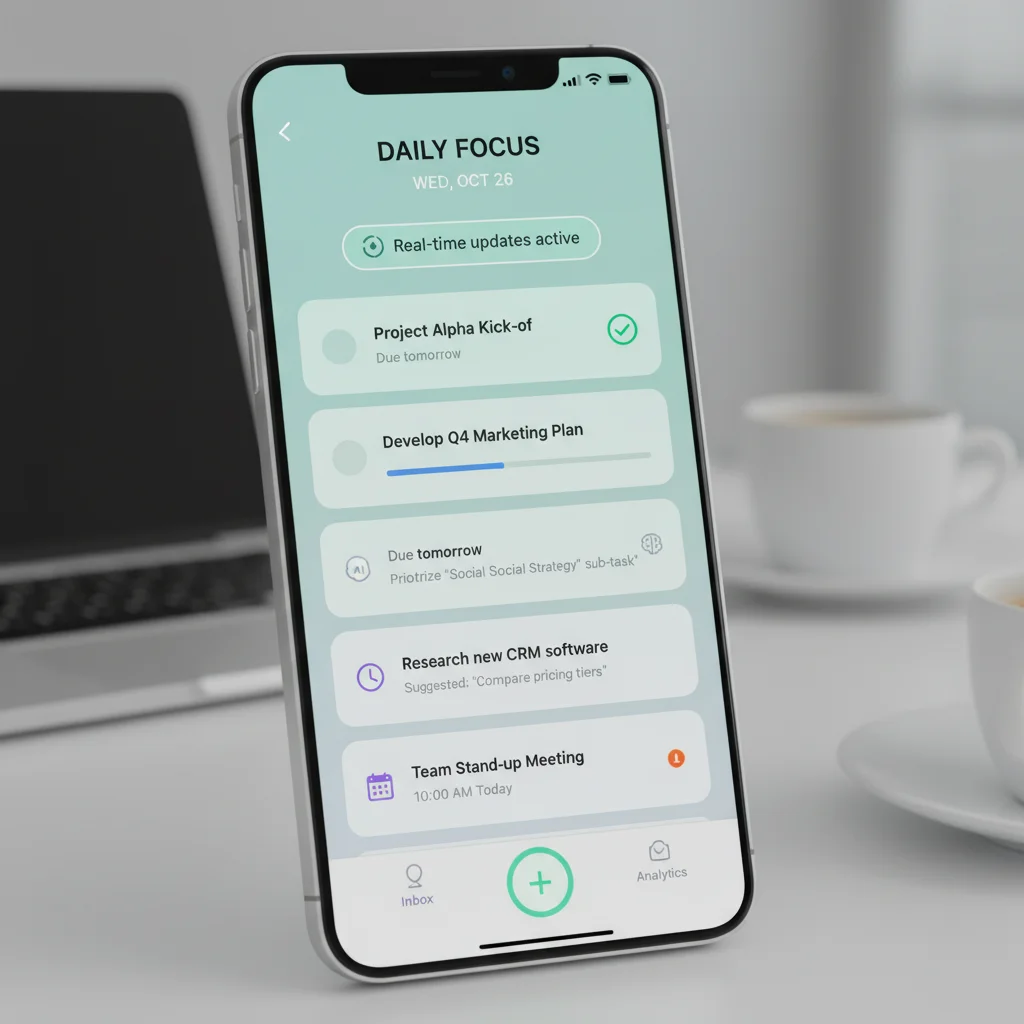 Smartphone screen with AI-powered task management app interface