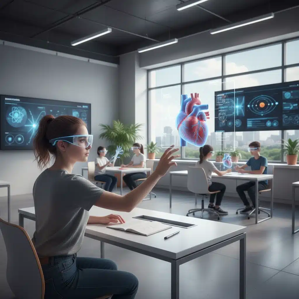 Student in AR glasses learning anatomy from a holographic heart model in a modern classroom.