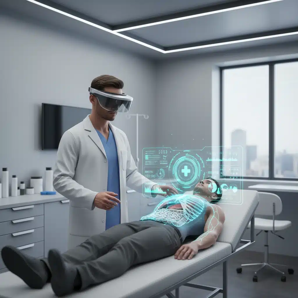 Healthcare professional using AR headset to view patient data and anatomy during examination.