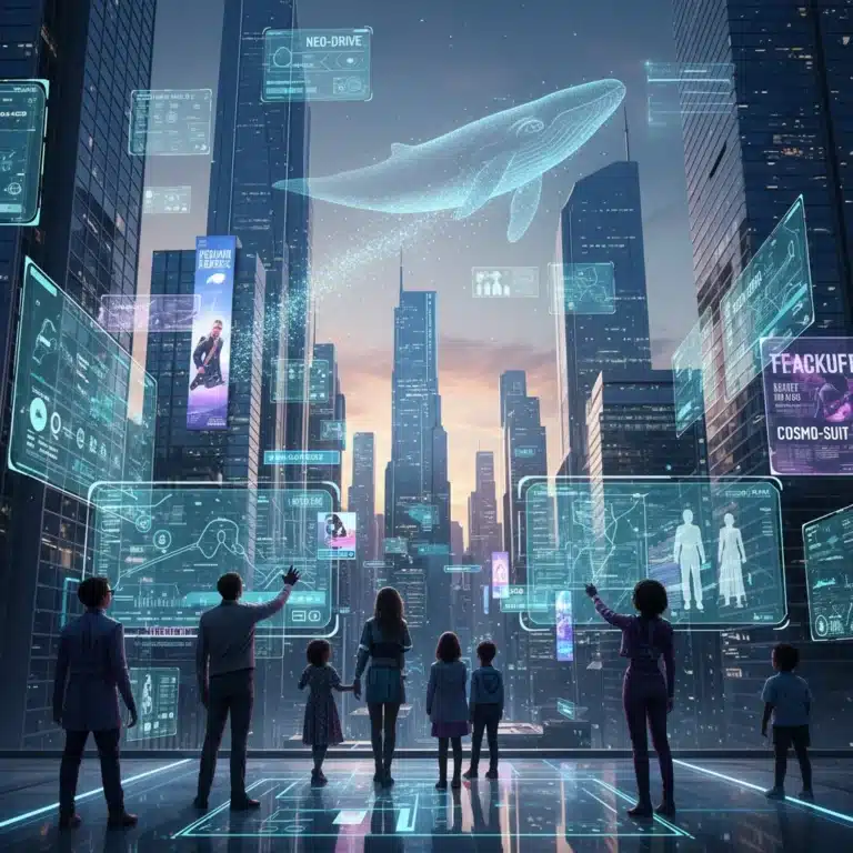Futuristic cityscape with augmented reality overlays and people interacting with digital elements, symbolizing AR's breakthrough.