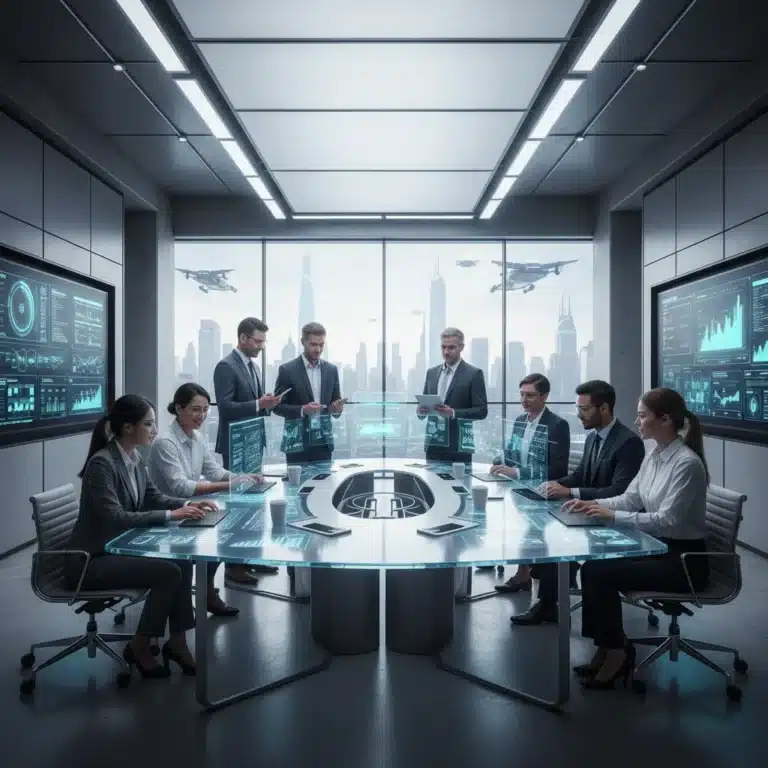 Diverse business team collaborating with advanced productivity tools
