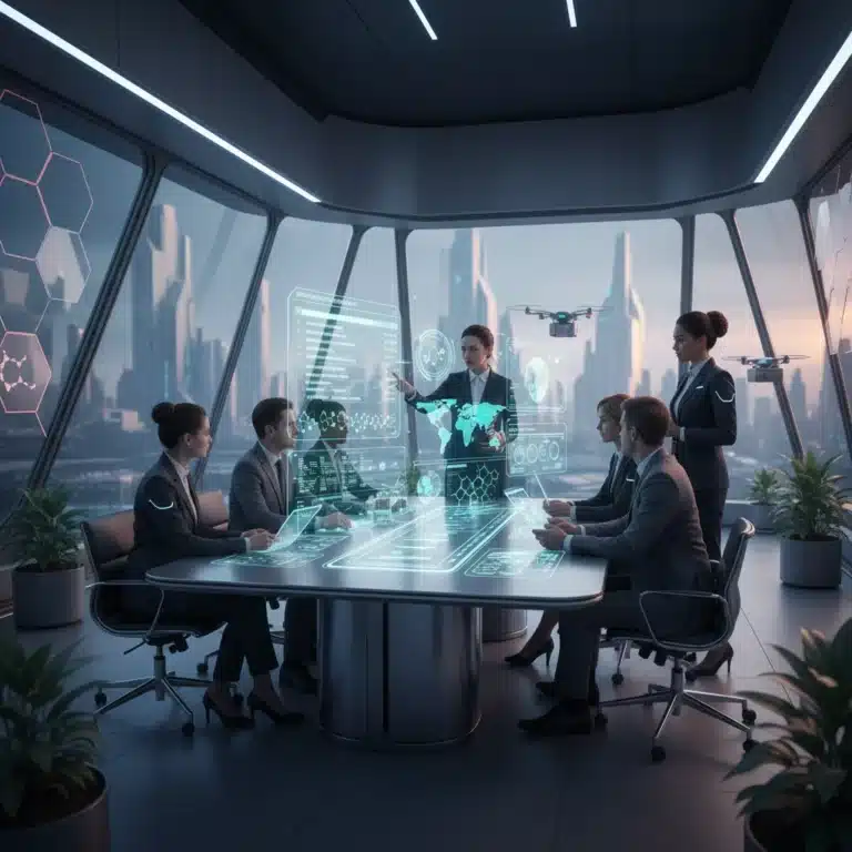 Futuristic office collaboration with holographic task management interfaces
