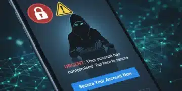 Smartphone displaying a phishing scam message with lock and warning symbols