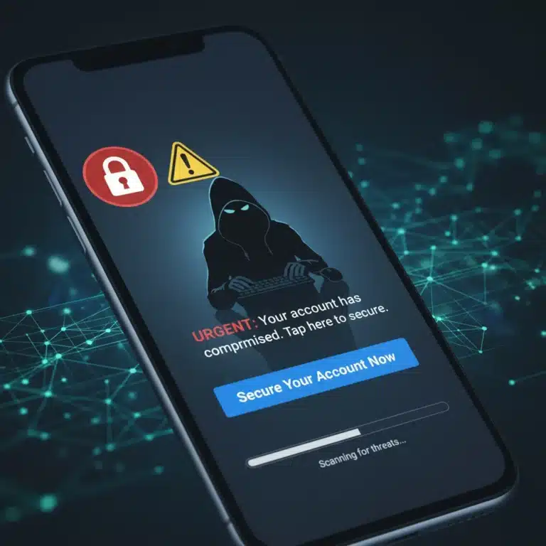 Smartphone displaying a phishing scam message with lock and warning symbols