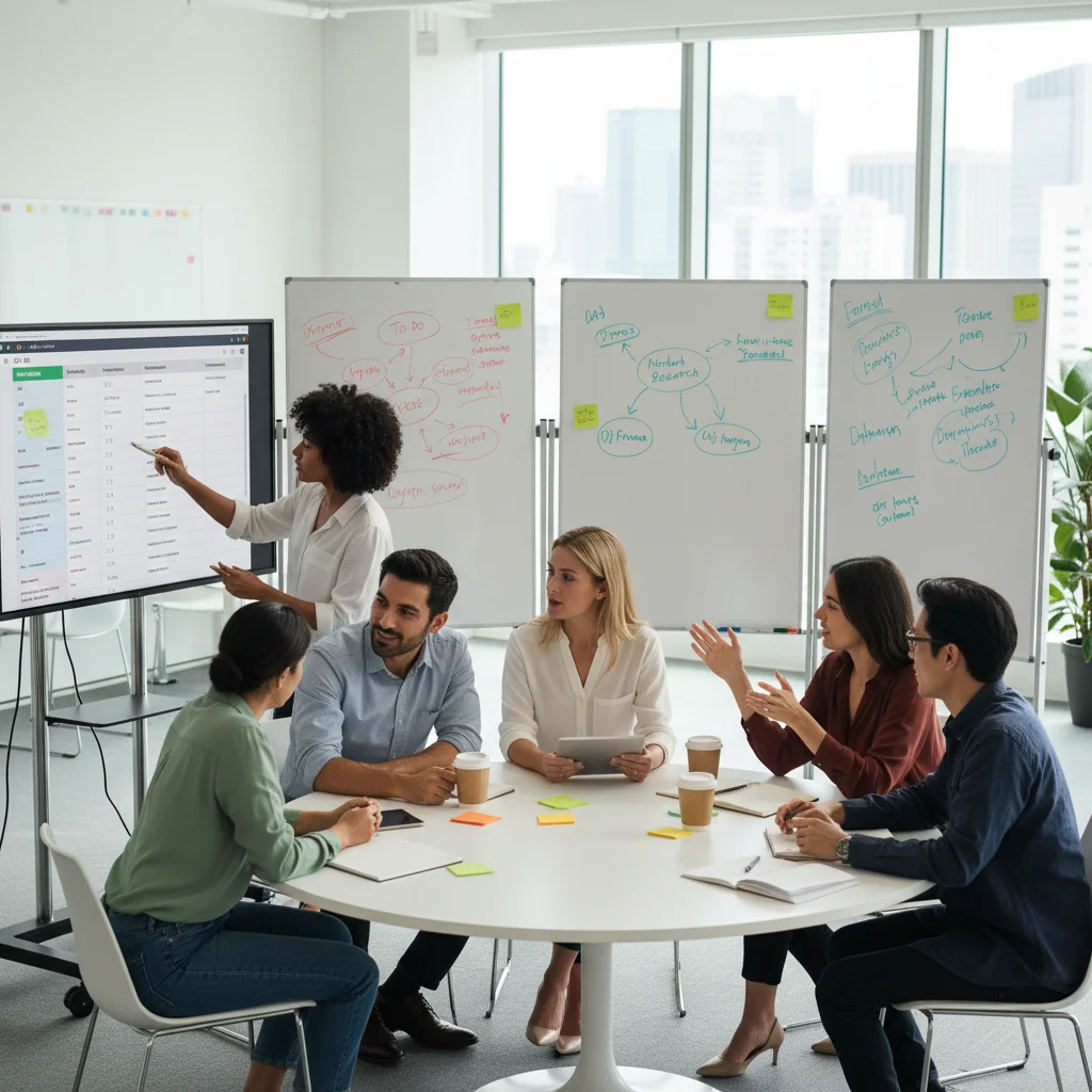 Diverse team collaborating on a shared task board in an open office